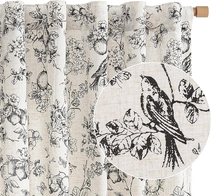 jinchan Linen Floral Curtains for Living Room 63 Inch Length Black Printed - Image 8