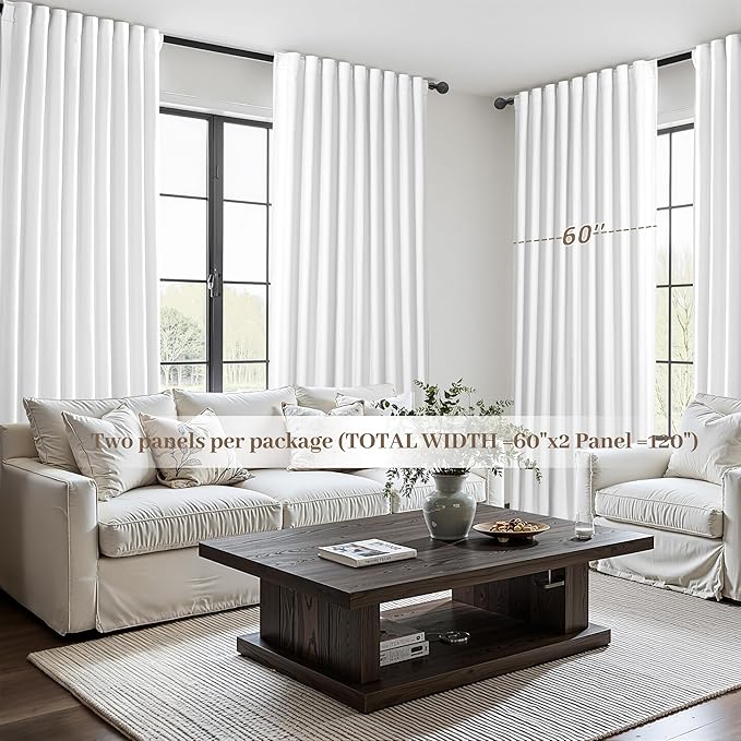 Pure White Blackout Curtains 60 Inches Extra Wide Modern Linen 96 Inch Length - Image 5