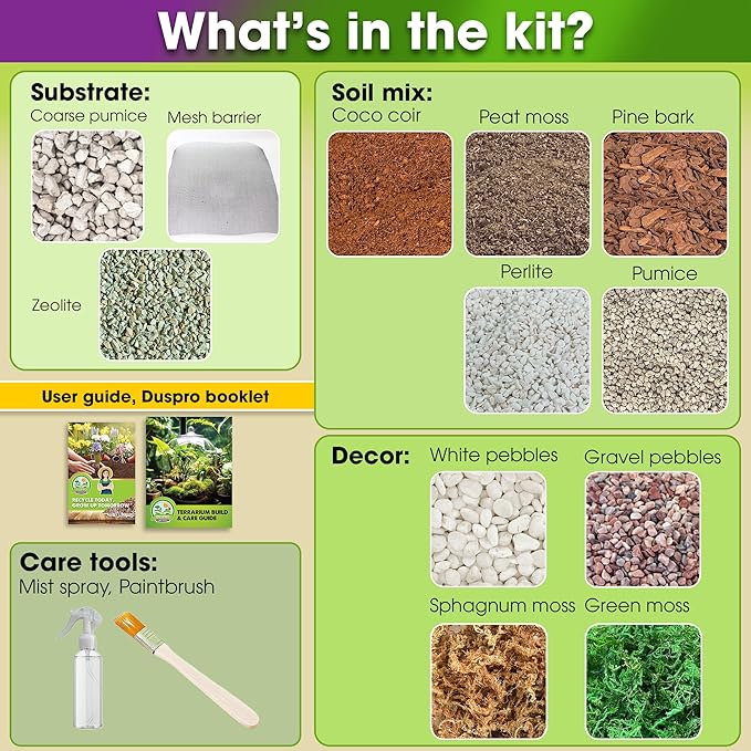 DUSPRO Recycle Terrarium Kit, Include Potting Soil, Sphagnum Moss, Decorative - Image 2