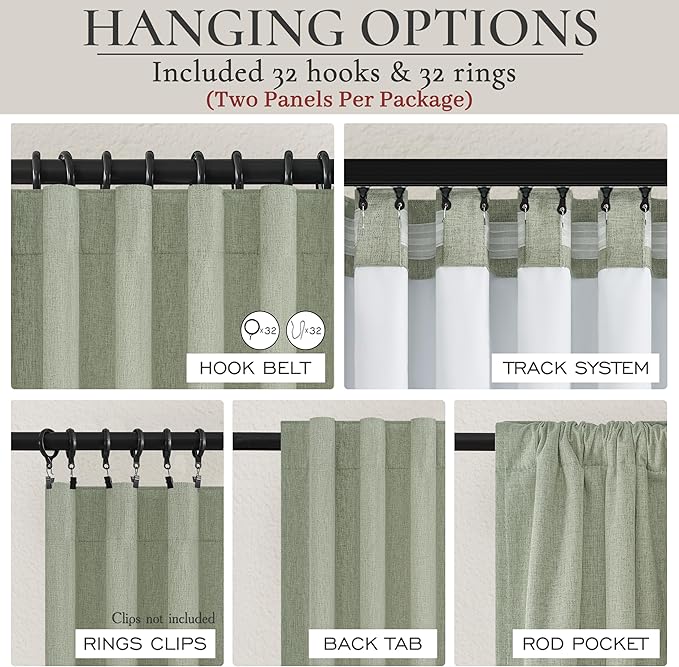 Sage Green Blackout Linen Curtains 120 Inches Extra Long - Image 3