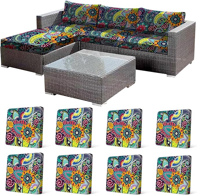 8Pcs Stretch Patio Cushion Cover, Boho Floral Couch & Sofa Slipcovers by CALBODE