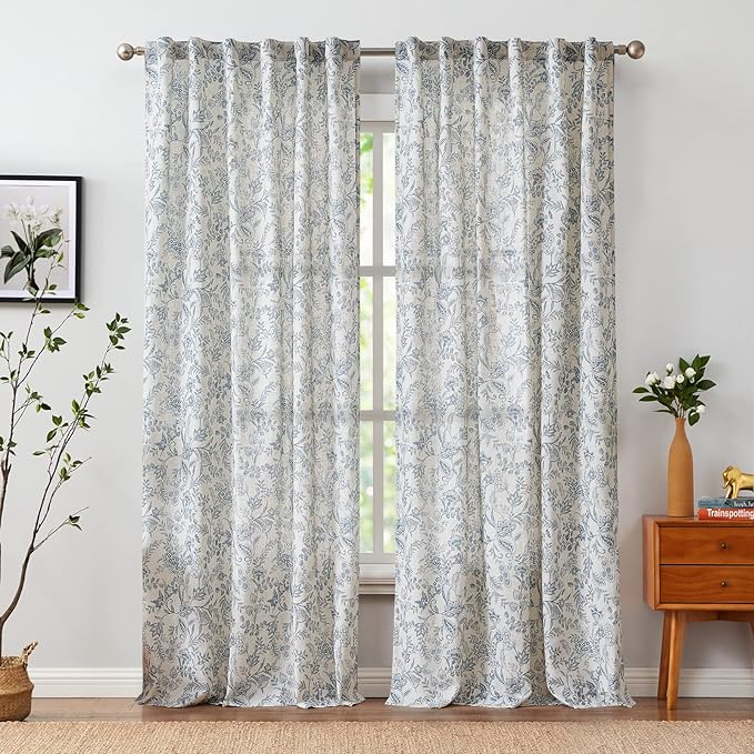 Vangao Blue Floral Linen Curtains - Image 2