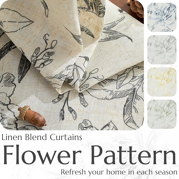 jinchan Floral Curtains 108 Inch Length Black Flower Linen Farmhouse Curtain - Image 6