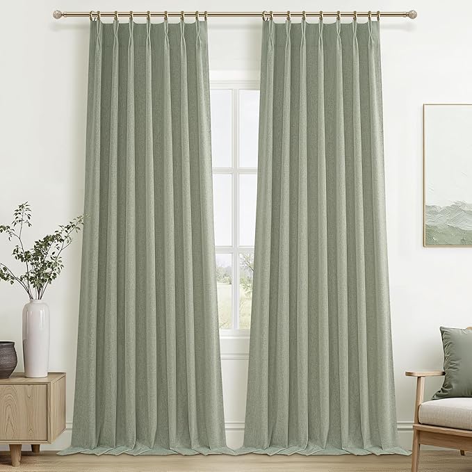 Sage Green Blackout Linen Curtains 102 Inches Long by QJMYDECO