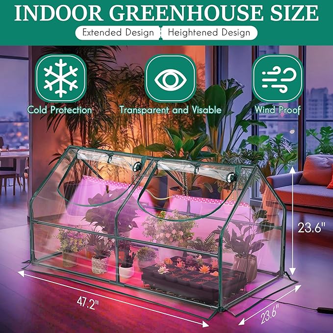 Meonum Mini Greenhouse with Grow Light, 47.2" L x 23.6" L x 23.6" W Portable - Image 2