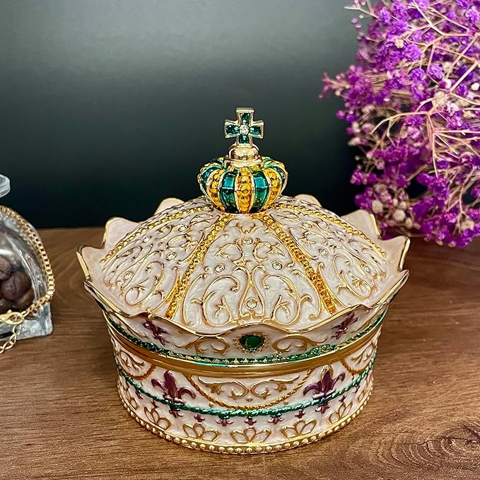 Crown Shape Jewelry Chest, Yurt Style Vintage Metal Gem Box, Round Alloy Retro - Image 2