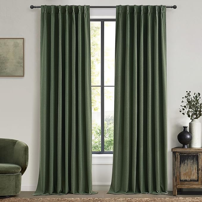 Dark Academia Decor Olive Green Textured Blackout Curtains Panels 108 Inches by QJMYDECO
