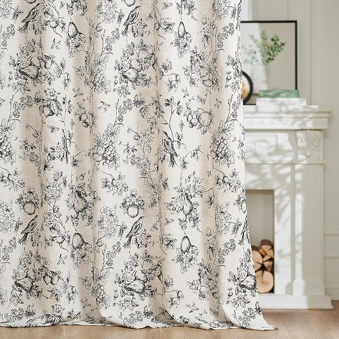 jinchan Linen Floral Curtains for Living Room 96 Inch Length Black Printed - Image 7