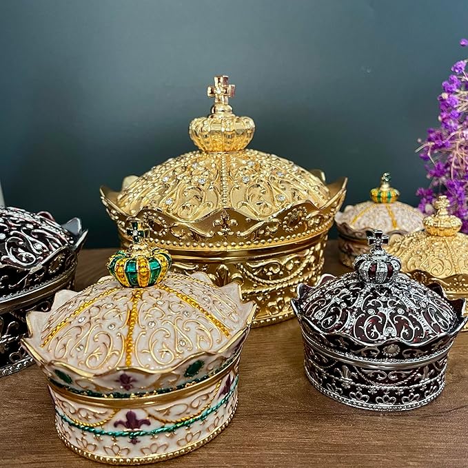 Crown Shape Jewelry Chest, Yurt Style Vintage Metal Gem Box, Round Alloy Retro - Image 6