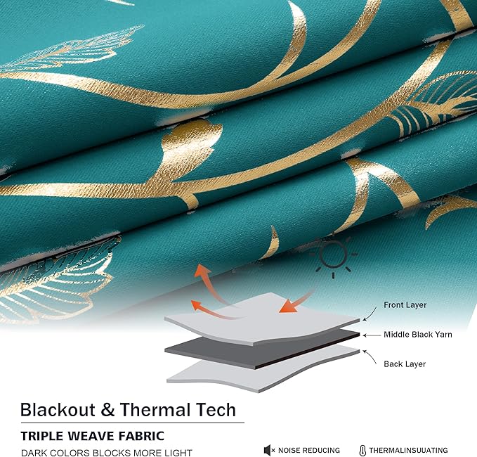 BUHUA Blackout Curtain 2 Panel Set Silver Vine Foil Print Thermal Insulated - Image 7