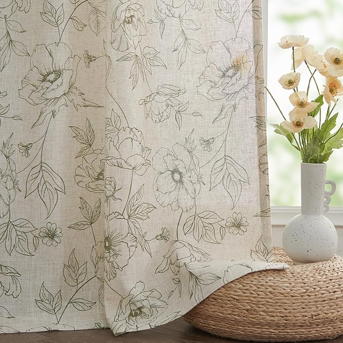jinchan Floral Linen Curtains for Living Room 63 Inch Length Green Flower - Image 7