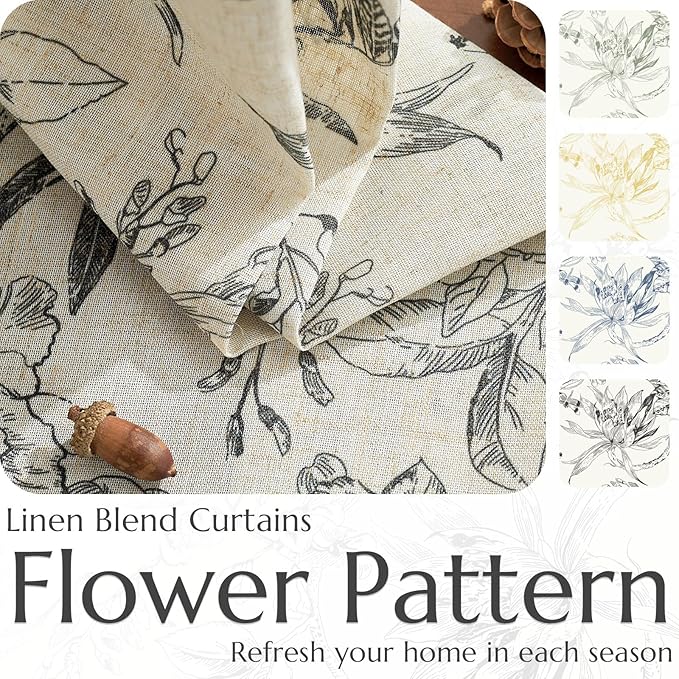jinchan Floral Curtains 84 Inches Long Black Flower Linen Farmhouse Curtain - Image 4