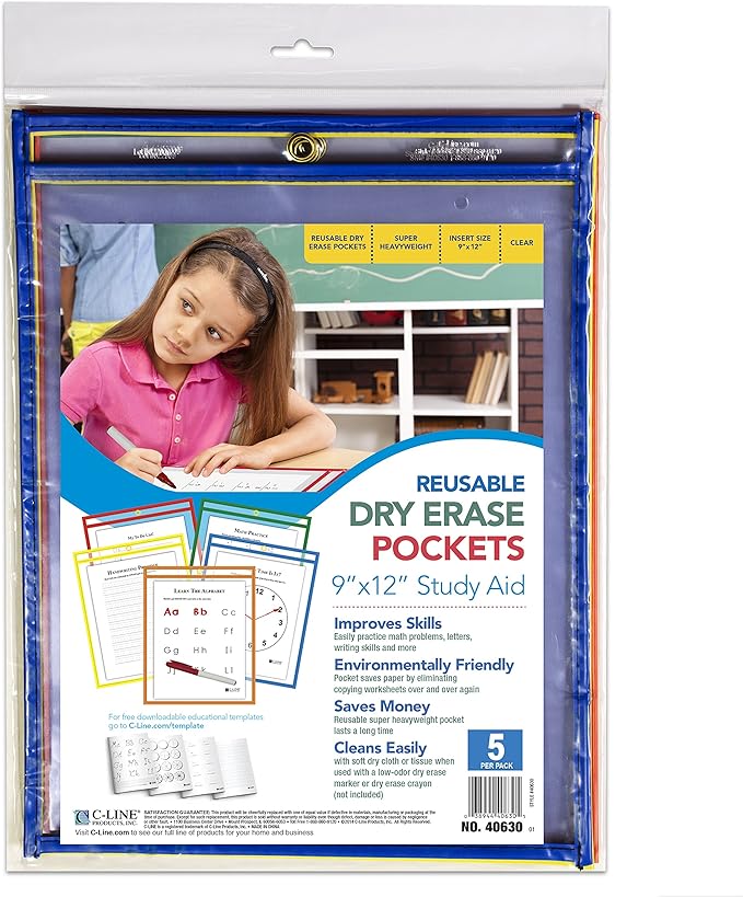 C-Line Reusable Dry Erase Pockets, 9 x 12 Inches, 5 Pockets per Pack - Image 3