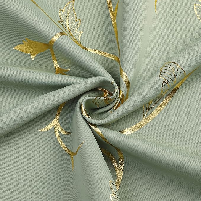 BUHUA Blackout Curtains Gold Foil Print Flower Vine Grommet Drapes, Room - Image 6